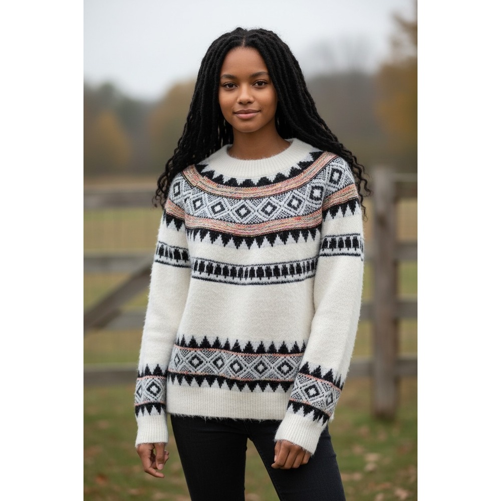 Rain Women Fair Isle Sweater Cream Black Rainbow Metallic Knit Pullover Size M